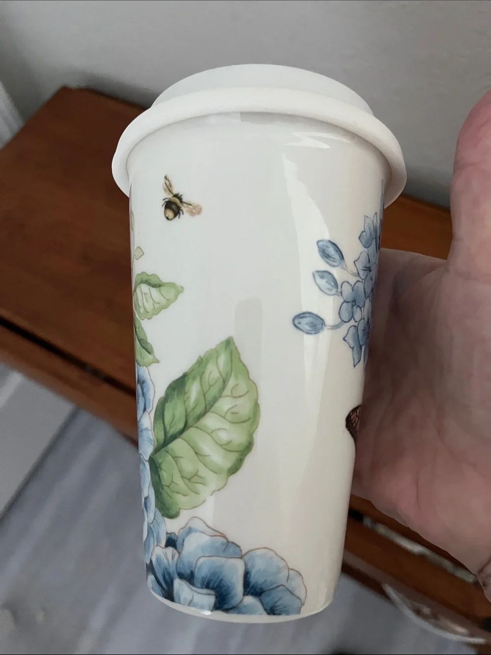 Lenox Butterfly Meadow Hydrangeas Ceramic Travel Mug with Silicone Lid